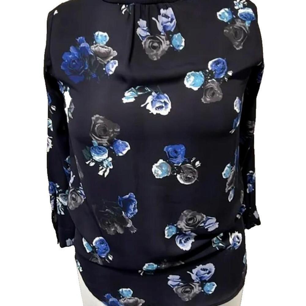 Thakoon Blouse M Dark Blue Roses Print Crew Neck Long Sleeve Pullover